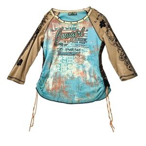 VTG y2k  Vanilla Sugar Wild West Cowgirl Show Graphic Top Small Ruched Raglan